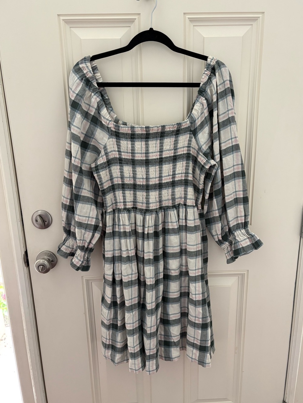 Madewell Lucie Elbow-Sleeve Smocked Mini Dress in Lebaum Plaid Size XL - Picture 2 of 9